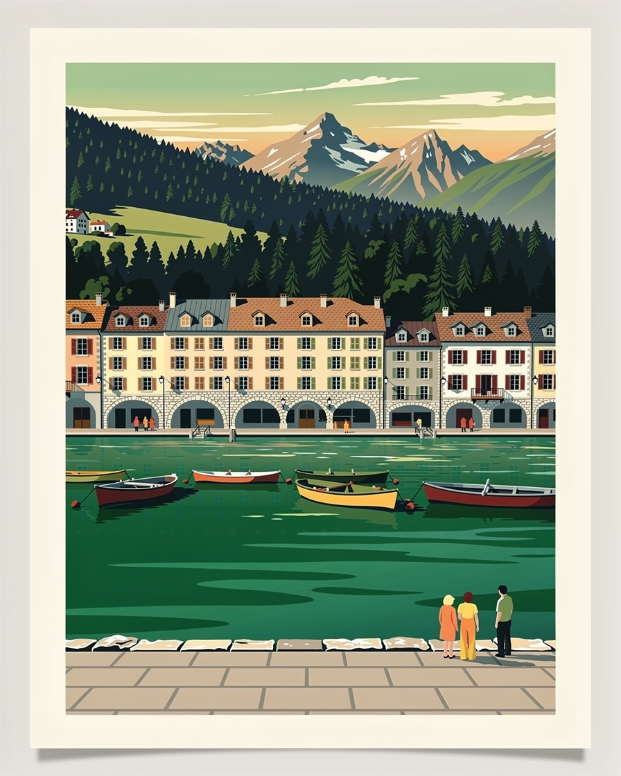 Baie de Talloires sur le lac d'Annecy en fin d'après-midi, eau vert émeraude, barques au mouillage, roc de Chère boisé et Tournette en arrière-plan