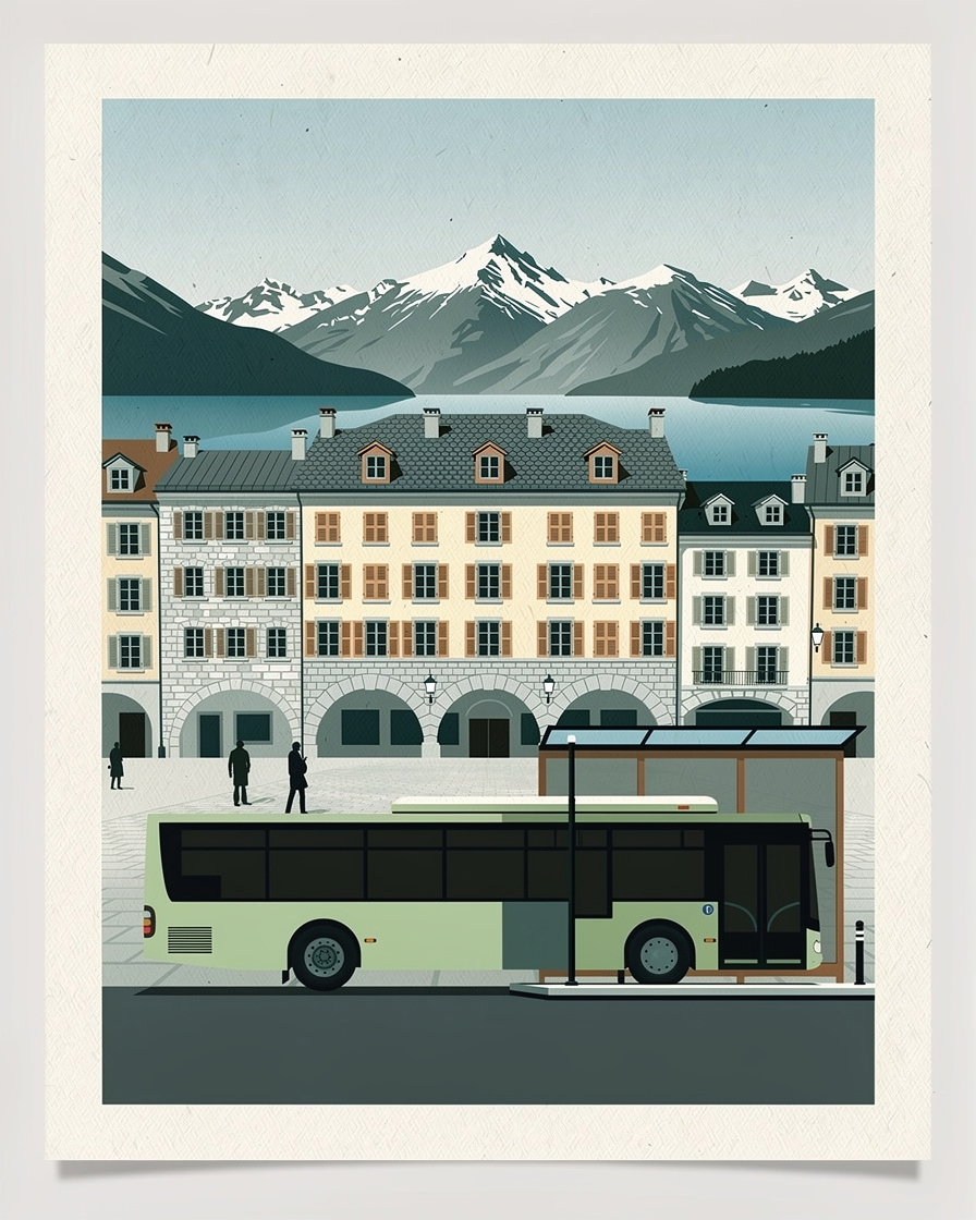 Bus du réseau urbain à l'arrêt devant un abri, rue à arcades d'Annecy et sommets au fond