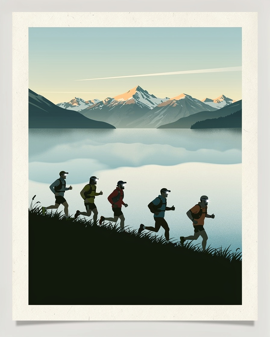 Coureurs de trail sur une crête herbeuse du Semnoz à l'aube, frontales encore allumées, lac d'Annecy en contrebas dans la brume, Tournette au fond