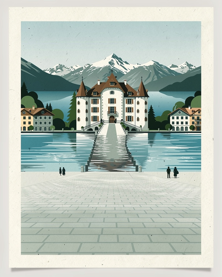 Presqu'île et château de Duingt sur le lac d'Annecy vus depuis la rive ouest, eau calme, resserrement entre grand lac et petit lac, montagnes de la rive est en arrière-plan