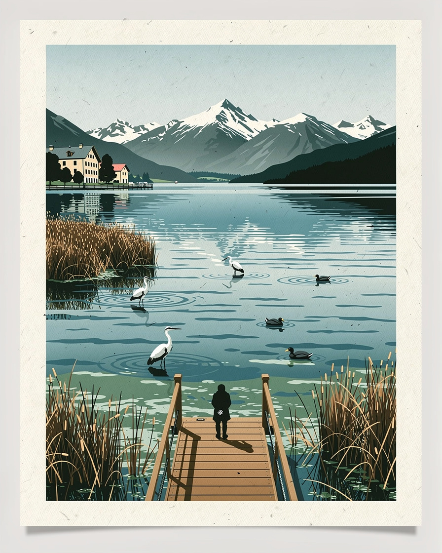 Embouchure de l'Ire dans le lac d'Annecy vue depuis un ponton d'observation, hérons et foulques sur l'eau calme, roseaux au premier plan, rive de Talloires au loin