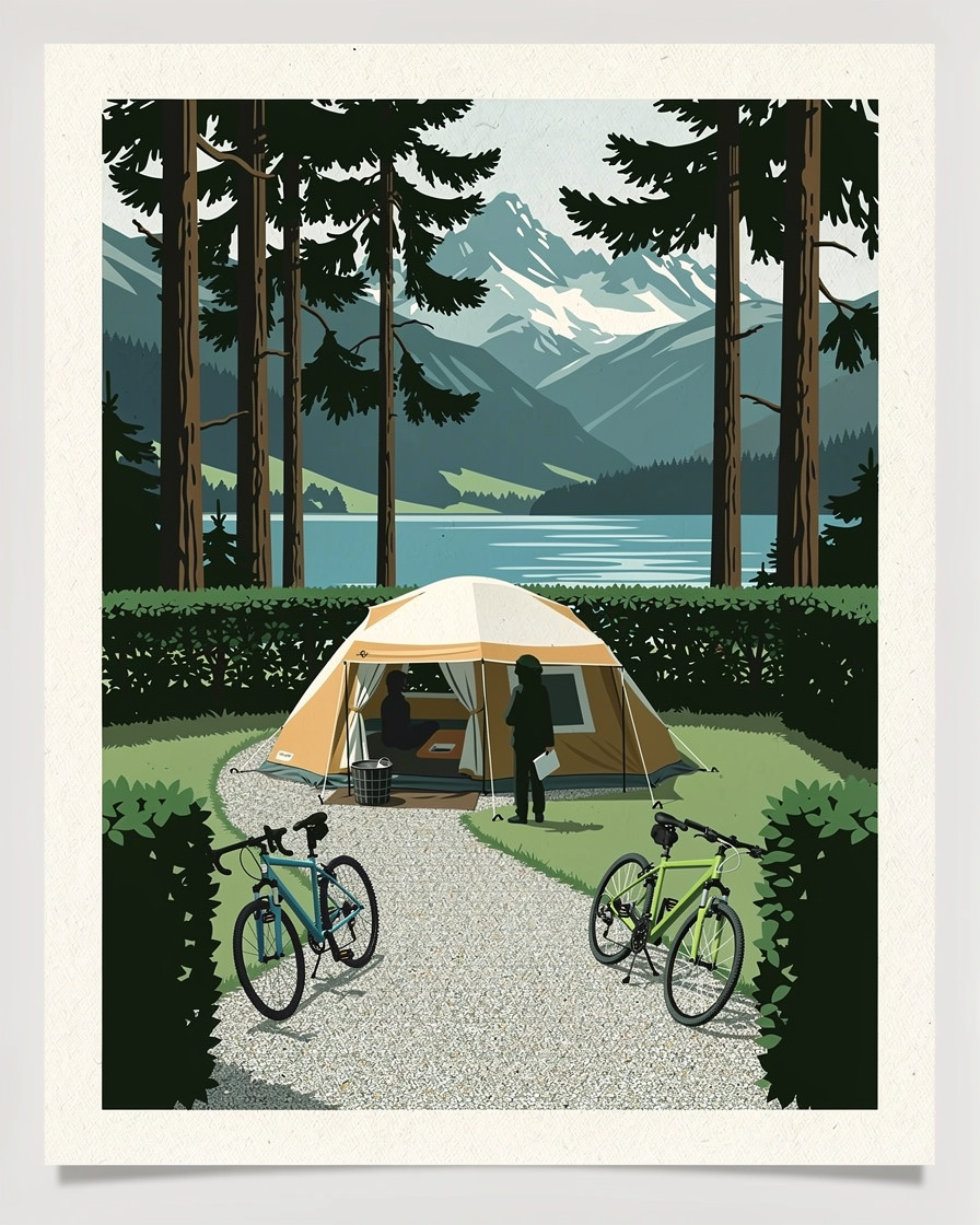 Emplacement de camping délimité par des haies sous de grands pins à Saint-Jorioz, tente familiale et vélos, allée gravillonnée, montagnes du Semnoz en arrière-plan