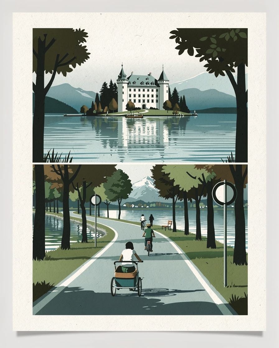 Famille à vélo avec remorque enfant sur la voie verte du lac d'Annecy à Saint-Jorioz, piste bordée d'arbres, échappée sur le lac et le château de Duingt