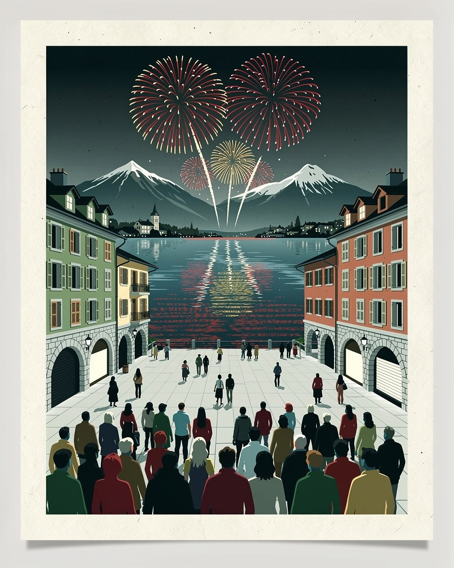 Feu d'artifice au-dessus de la baie d'Albigny à Annecy vu depuis le Pâquier, gerbes rouges et dorées se reflétant sur le lac, foule en silhouette au premier plan