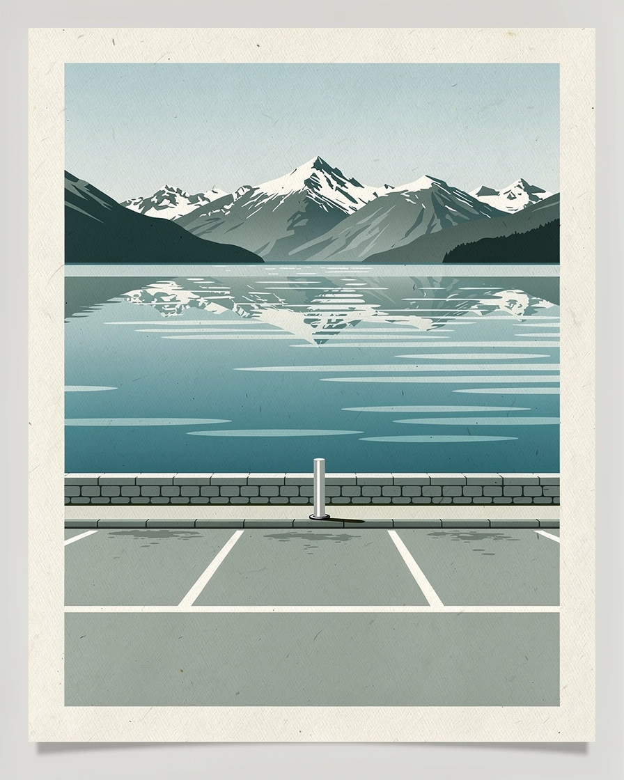 Places de stationnement matérialisées au sol le long d'un quai du lac d'Annecy, parapet de pierre et sommets au fond