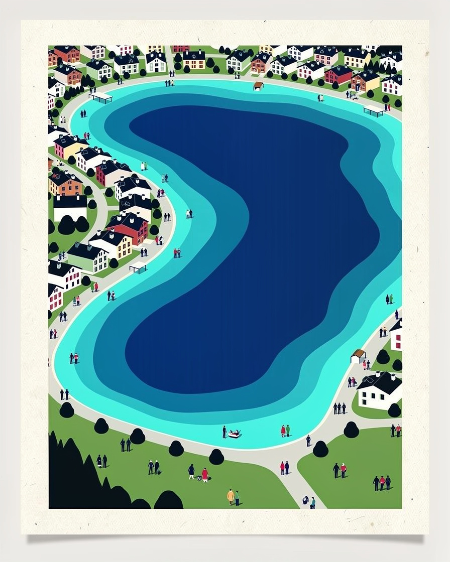 Vue aérienne du lac d'Annecy montrant le grand lac au nord, le resserrement de Duingt et le petit lac au sud, eau bleu profond au centre et turquoise près des rives