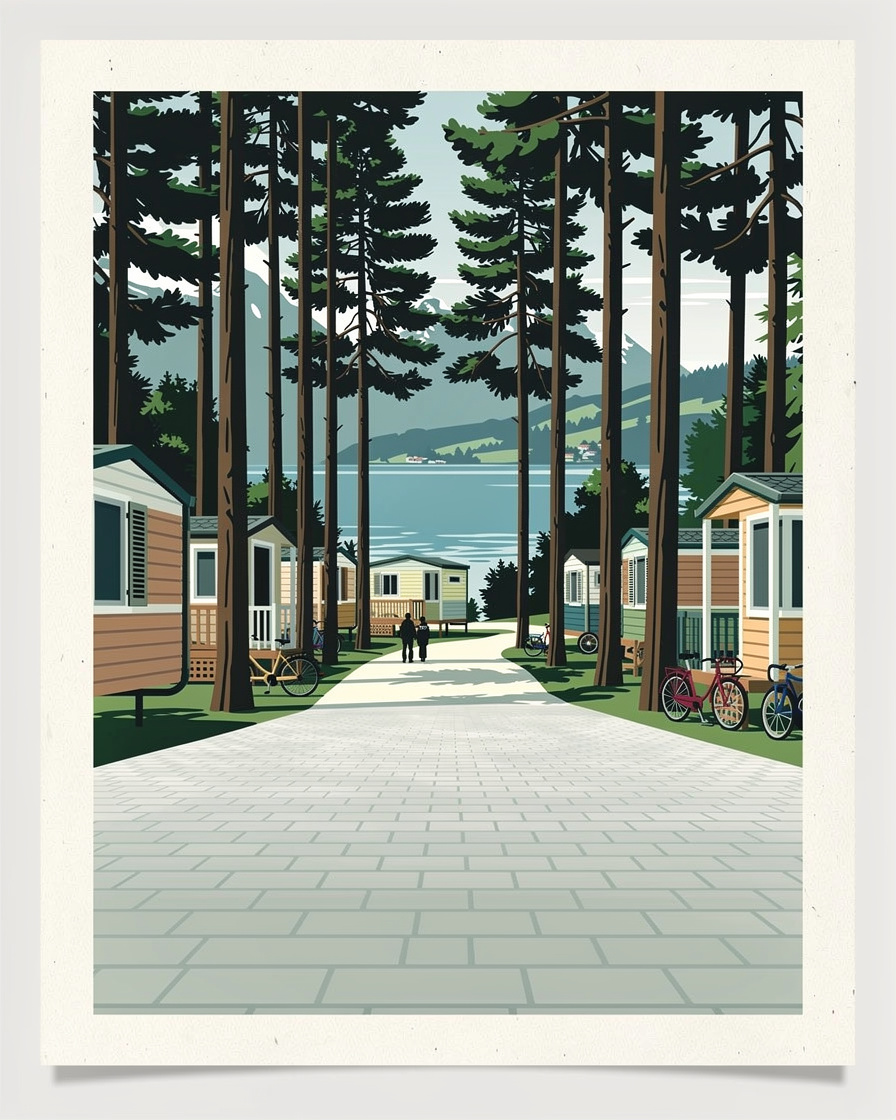 Allée de mobil-homes sous des pins dans un camping de la rive ouest du lac d'Annecy, aperçu du lac entre les troncs, vélos garés devant les terrasses