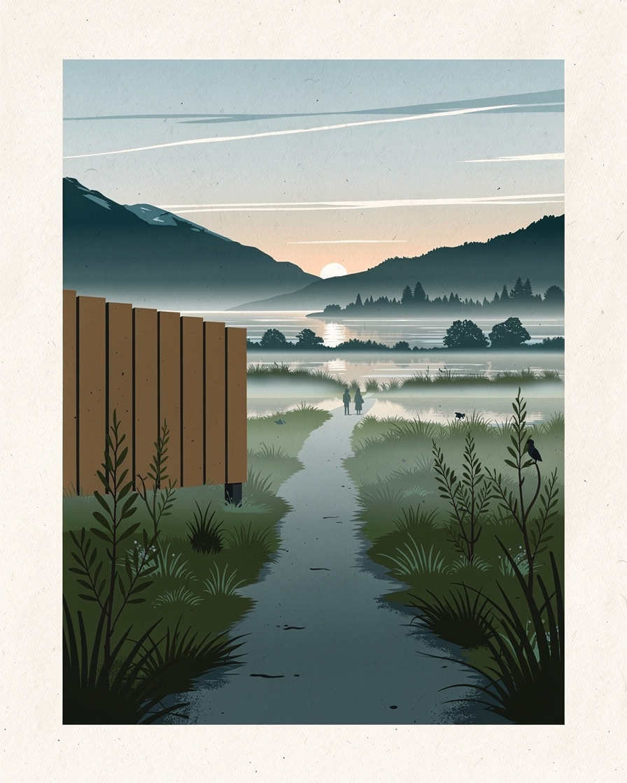 Panneau d'entrée de la réserve naturelle nationale du Bout du lac d'Annecy à Doussard au petit matin, sentier vide entre les aulnes, lumière rasante et brume sur le marais