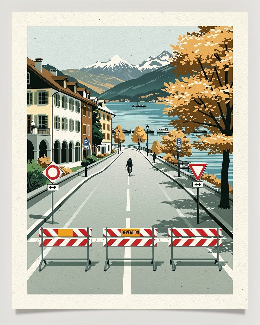 Panneau de déviation et barrières de chantier sur la piste cyclable de la rive est du lac d'Annecy près de Talloires, route départementale et lac en arrière-plan, feuillage d'automne