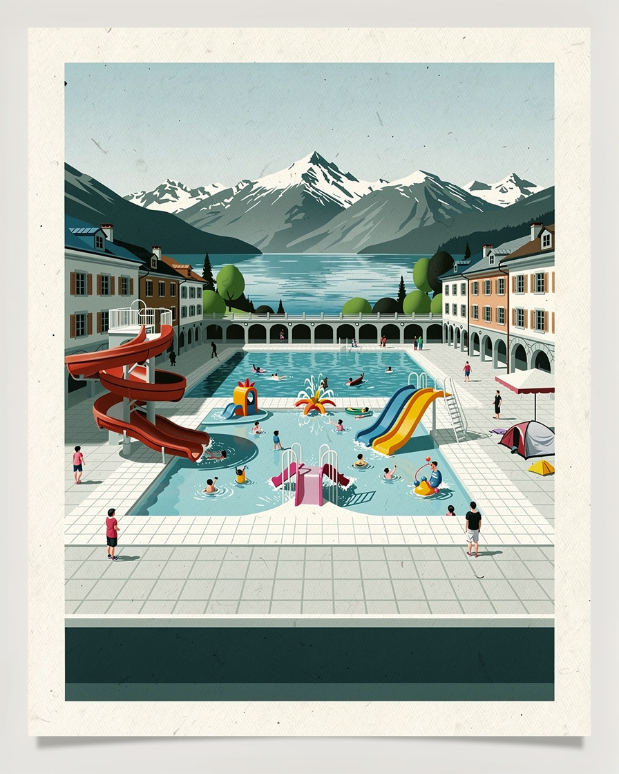 Complexe aquatique d'un camping quatre étoiles près du lac d'Annecy, toboggans colorés, bassin à jeux d'eau pour enfants et solarium, montagnes en arrière-plan