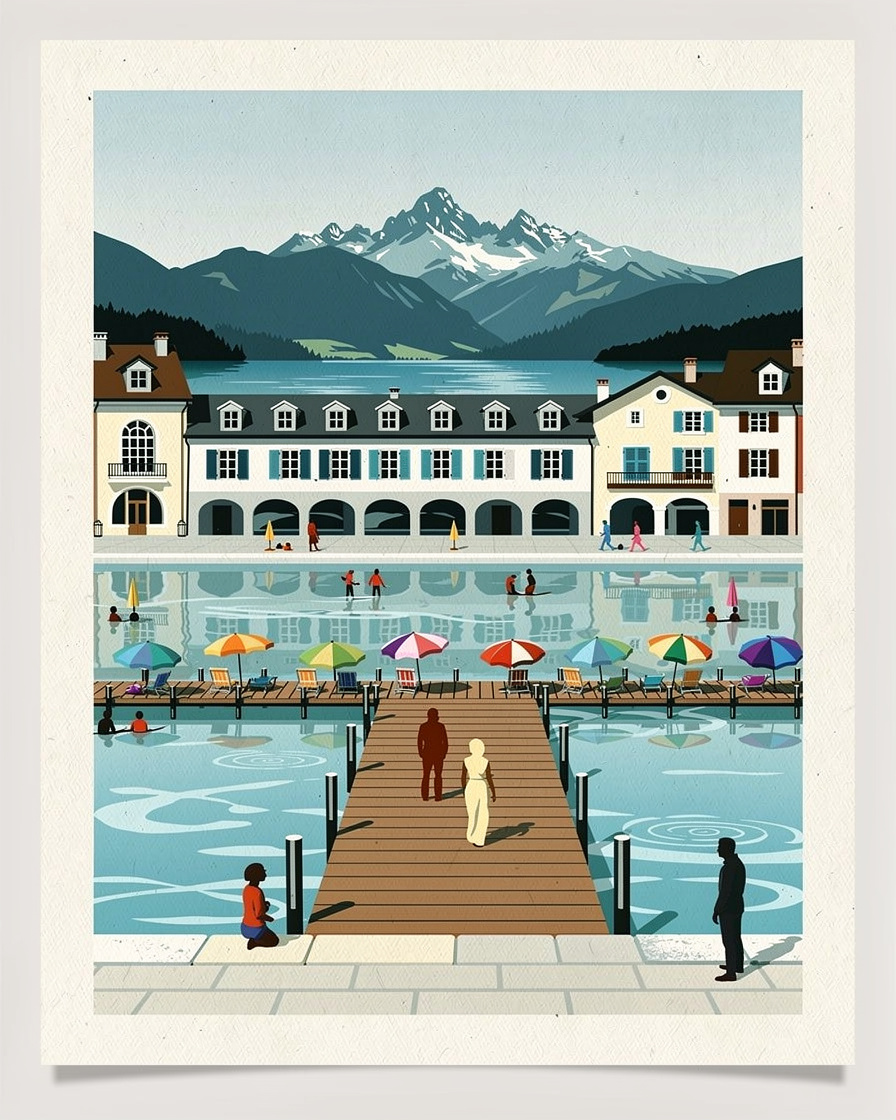 Plage de l'Impérial à Annecy en plein été, baigneurs dans une eau claire, ponton en bois, parasols colorés et montagnes du Semnoz en arrière-plan