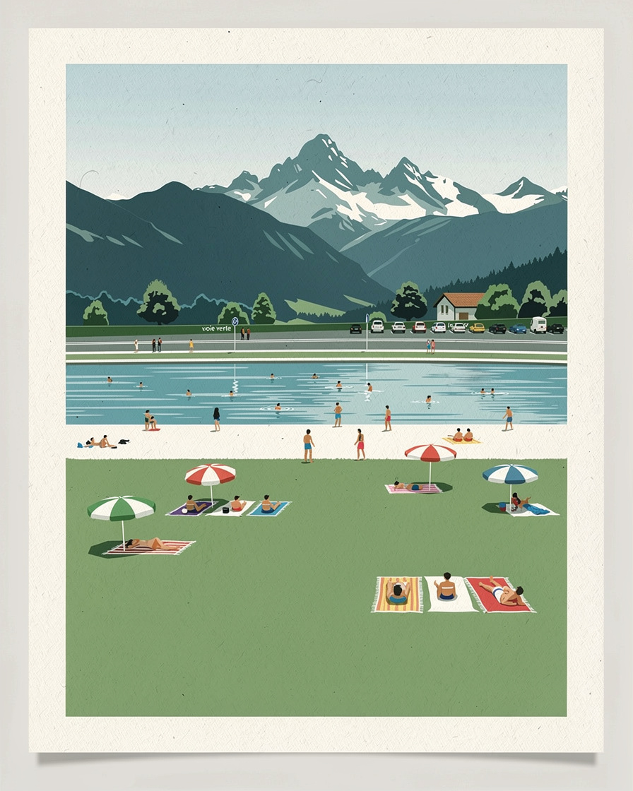 Plage publique de Sevrier au bord du lac d'Annecy, pelouse avec serviettes et parasols, baigneurs dans l'eau claire, voie verte et parking en arrière-plan, Tournette au fond