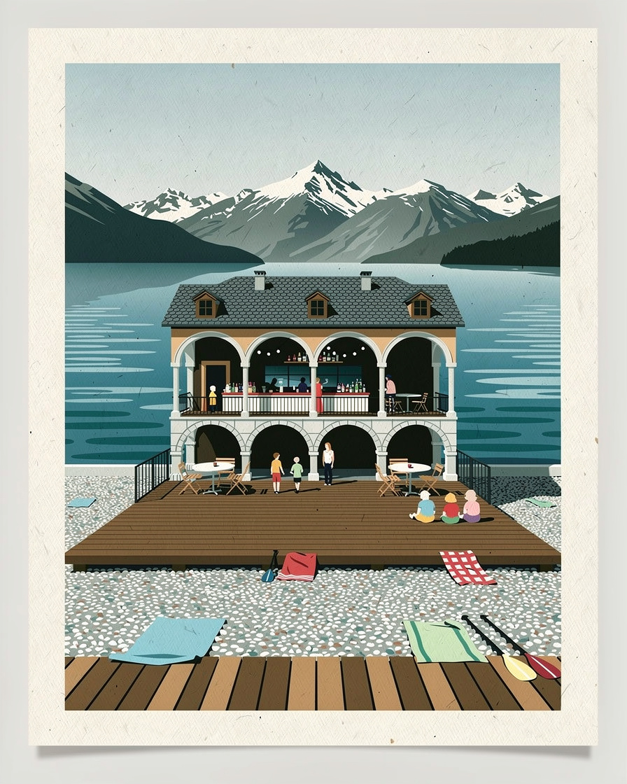 Bar-restaurant de plage à Saint-Jorioz sur la rive ouest du lac d'Annecy, familles sur la terrasse en bois, serviettes sur les galets, paddles posés au bord de l'eau