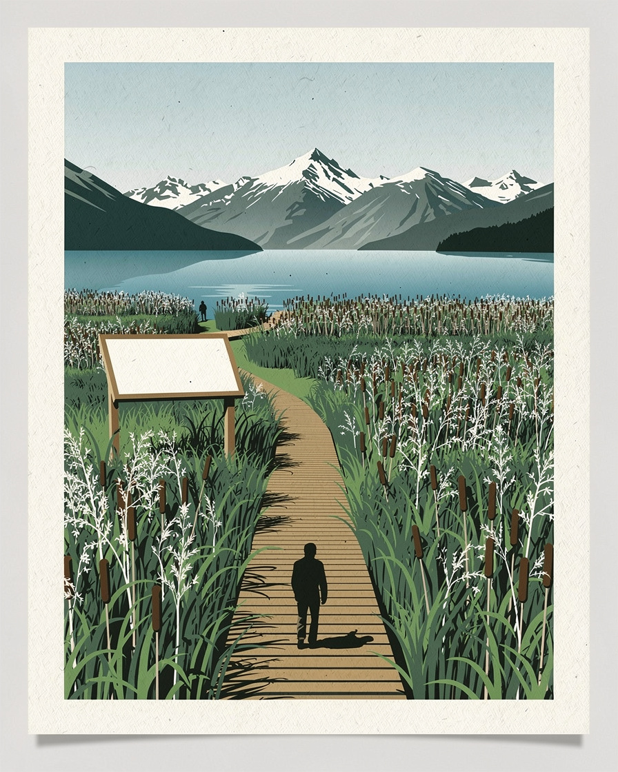 Sentier sur caillebotis en bois traversant une roselière dans la réserve du Bout du lac d'Annecy à Doussard, panneau pédagogique, montagnes des Bauges en arrière-plan