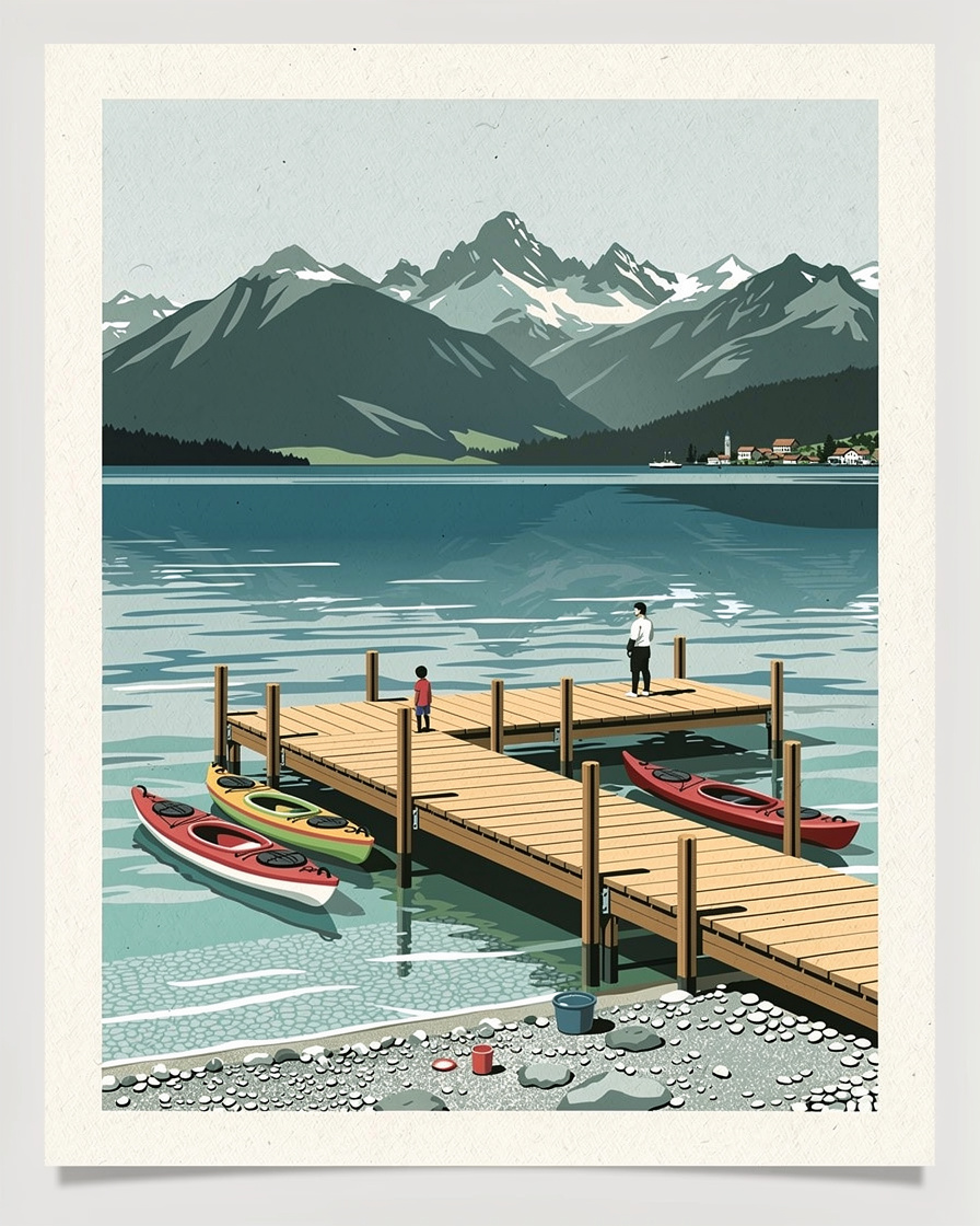 Ponton en bois et petite plage privée d'un camping à Sevrier sur le lac d'Annecy, kayaks tirés sur les galets, eau transparente, rive de Talloires en face