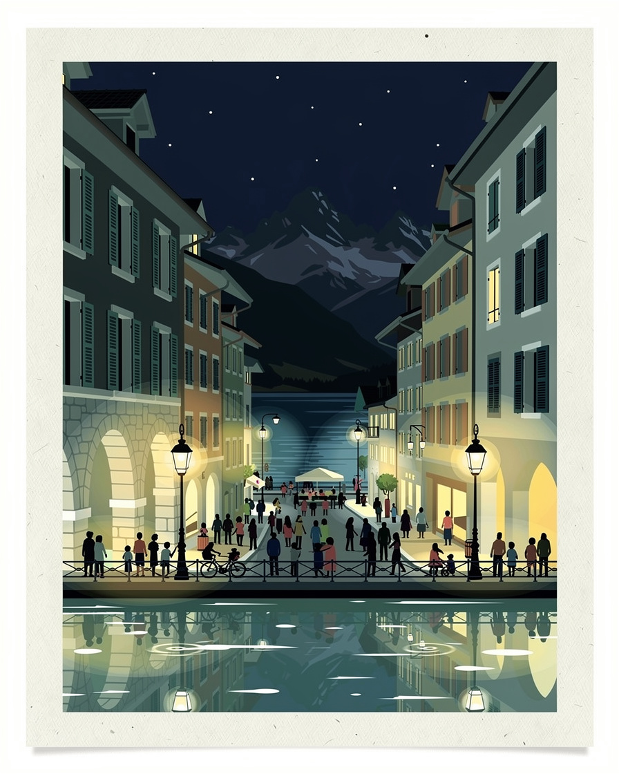Quai d'Annecy bondé la nuit après un spectacle, lampadaires allumés, familles et groupes marchant vers la vieille ville, reflets sur le canal