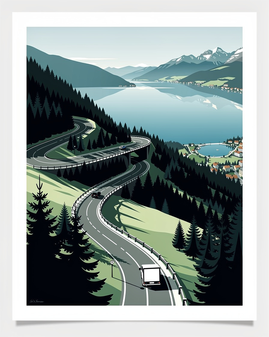 Route en lacets montant vers le col de la Forclaz au-dessus de Talloires, forêt et prairies, lac d'Annecy en contrebas avec le petit lac et le Bout du lac au sud