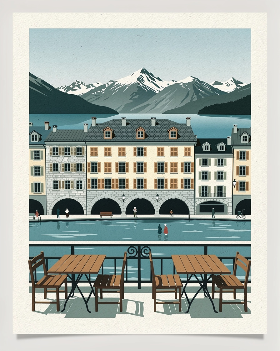 Terrasse de restaurant en surplomb sur la route du Semnoz au-dessus d'Annecy, tables en bois face au lac vu de haut, ville et baie d'Albigny en contrebas, montagnes au fond
