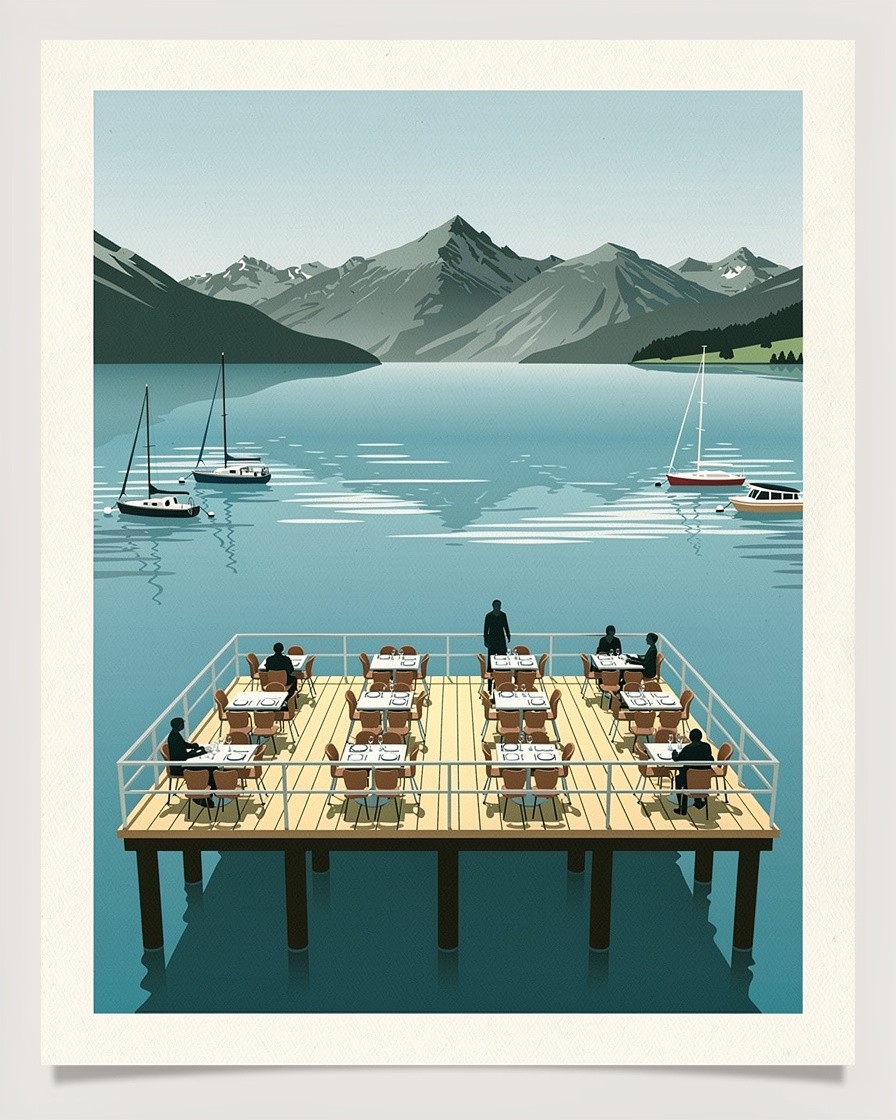 Terrasse de restaurant construite sur pilotis au bord du lac d'Annecy à Veyrier-du-Lac, tables dressées face à l'eau, bateaux au mouillage, lumière de fin de journée