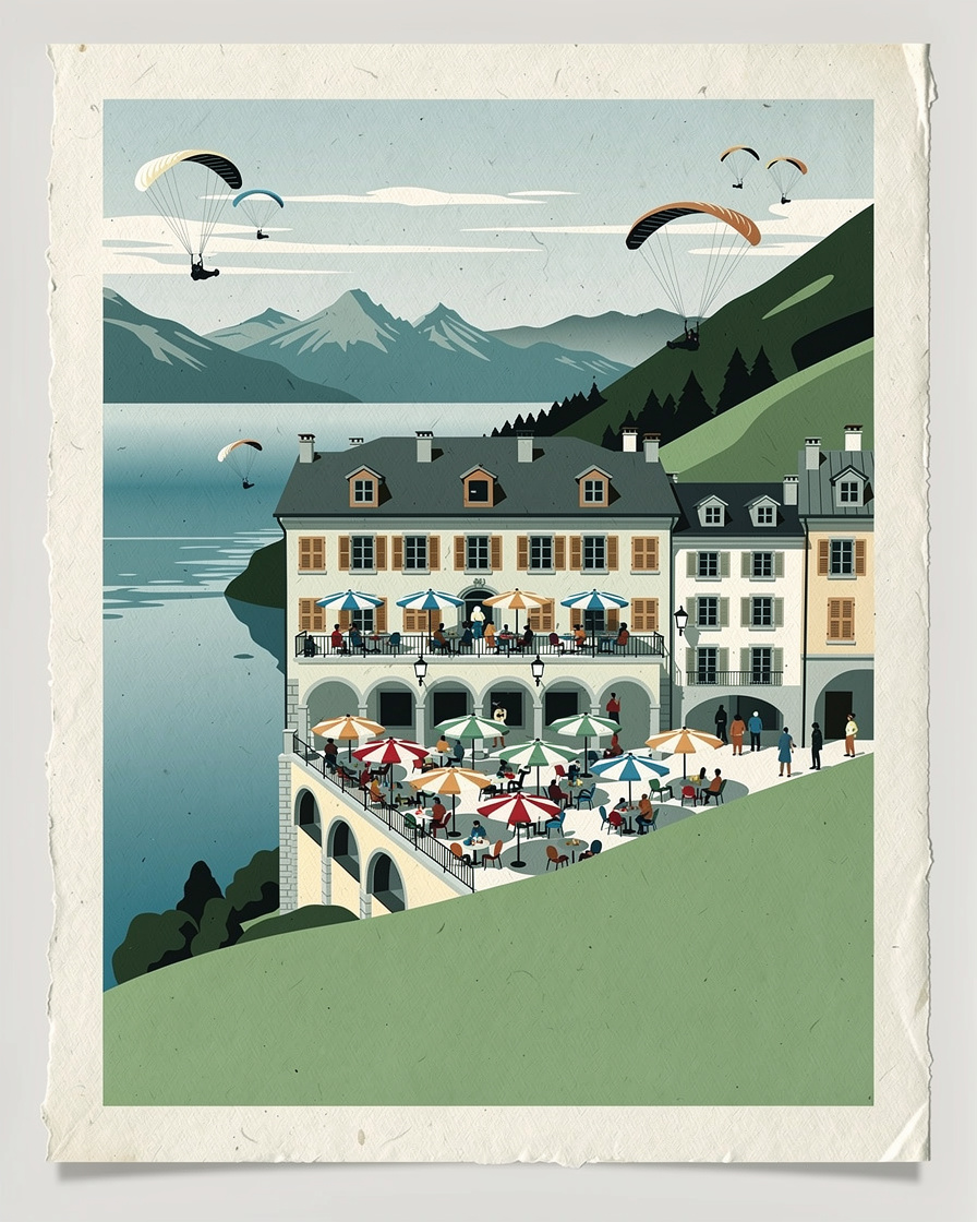 Terrasse bondée d'un restaurant au col de la Forclaz au-dessus du lac d'Annecy, parasols, parapentes décollant de la pente herbeuse voisine, lac en contrebas
