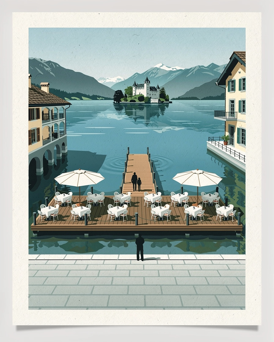 Terrasse de restaurant les pieds dans l'eau à Talloires, tables blanches sous des parasols, ponton en bois et lac d'Annecy calme, château de Duingt au loin