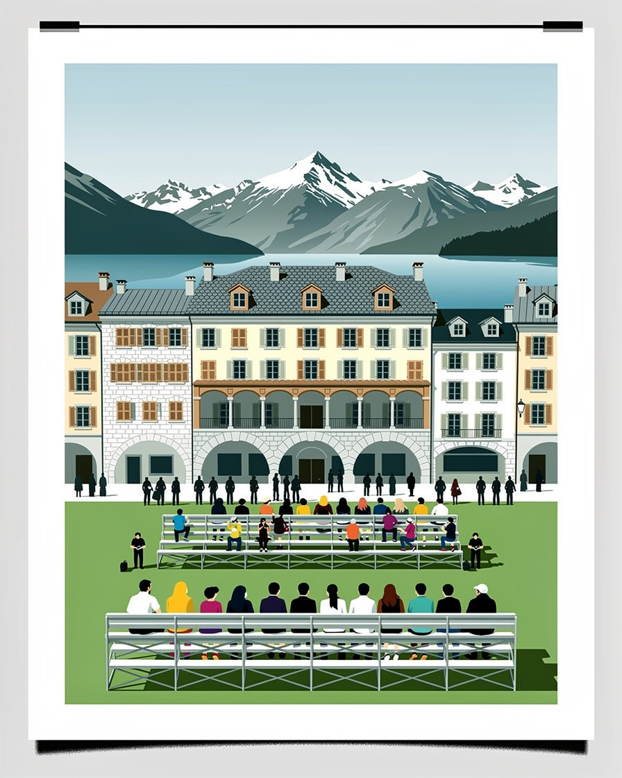 Tribunes provisoires installées sur la pelouse du Pâquier à Annecy en fin de journée, spectateurs qui s'installent, lac et montagnes en arrière-plan
